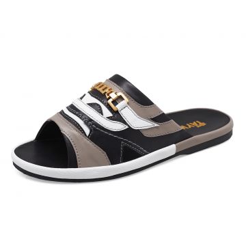 Men Sandals SKF-38 Grey&Black Nappa-White Pebble grain Microfiber Leather